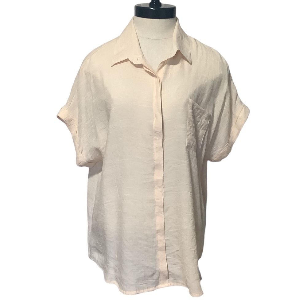 JON & ANNA CONTEMPORARY Cream Short Roll Sleeve Button Down Top - Size XL‎